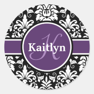 Stylish Monogram Purple Black White Damask Classic Round Sticker