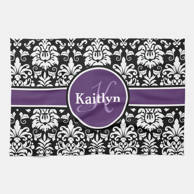 Stylish Monogram Purple Black White Damask Tea Towel (Horizontal)
