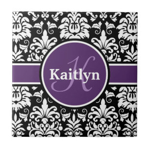 Stylish Monogram Purple Black White Damask Tile