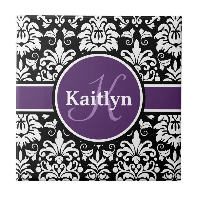 Stylish Monogram Purple Black White Damask Tile (Front)