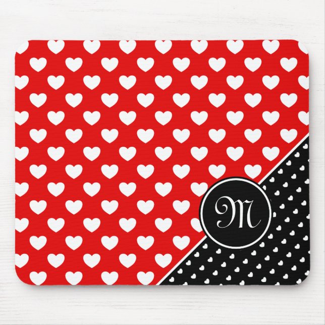 Stylish Monogram Red And Black, White Hearts Mouse Pad (Front)