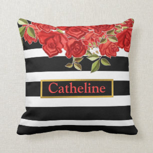 Stylish Monogram red floral black white stripes Cushion