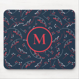 Stylish monogram red navy blue berry pattern mouse pad
