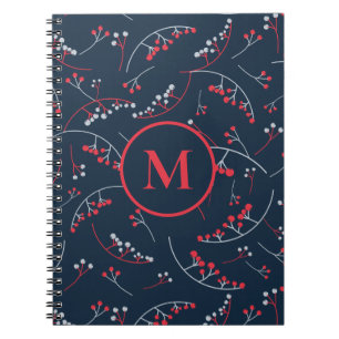 Stylish monogram red navy blue berry pattern notebook