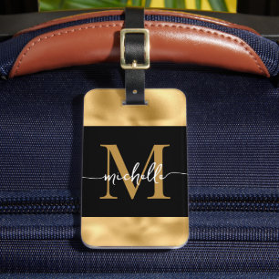 Stylish Monogram Script Black and Gold Metallic Luggage Tag