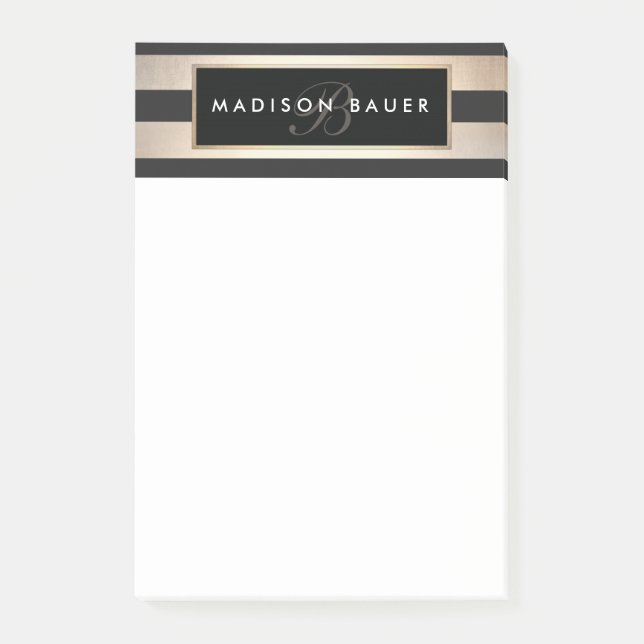 Stylish Monogram Striped Black and Gold Post-it Notes (Front)