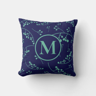 Stylish monogram teal green blue berry pattern cushion
