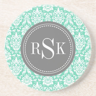 Stylish Monogram Trio Mint Damask Coaster