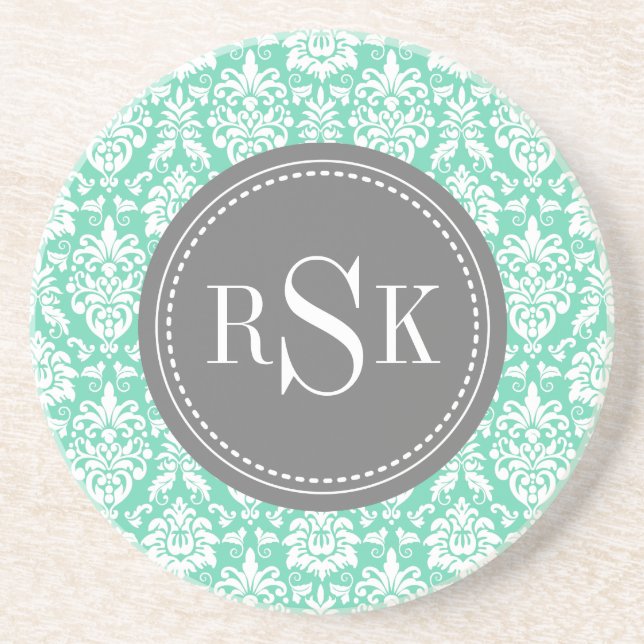 Stylish Monogram Trio Mint Damask Coaster (Front)