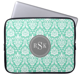 Stylish Monogram Trio Mint Damask Laptop Sleeve