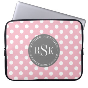Stylish Monogram Trio Pink Polka Dots Laptop Sleeve