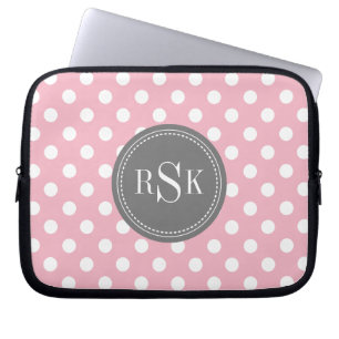 Stylish Monogram Trio Pink Polka Dots Laptop Sleeve