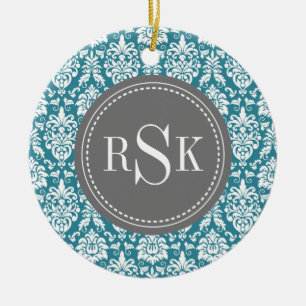 Stylish Monogram Trio Teal Damask Ceramic Ornament
