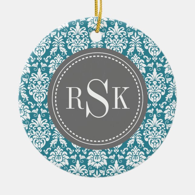 Stylish Monogram Trio Teal Damask Ceramic Ornament (Front)