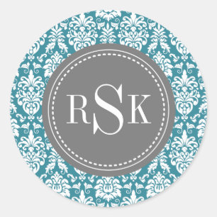 Stylish Monogram Trio Teal Damask Classic Round Sticker