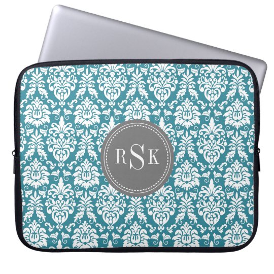 Stylish Monogram Trio Teal Damask Laptop Sleeve