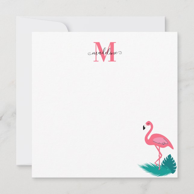 Stylish Monogram Tropical Pink Flamingo Square Card (Front)