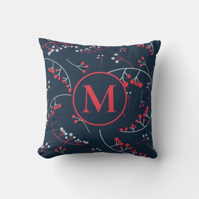 Stylish monogram vibrant red blue berry pattern cushion (Front)