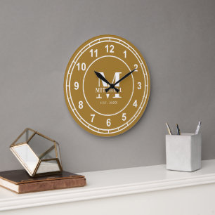 Stylish Monogram Vintage Gold Custom Family Name Large Clock