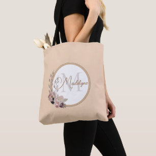 Stylish Monogram Watercolor Floral Tote Bag
