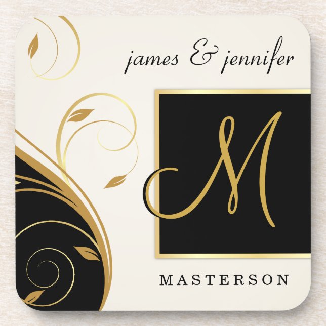 Stylish Monogram Wedding Gift Cork Coaster Set (Front)