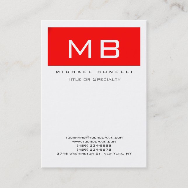 Stylish Monogram White Red Stripe Business Card (Front)