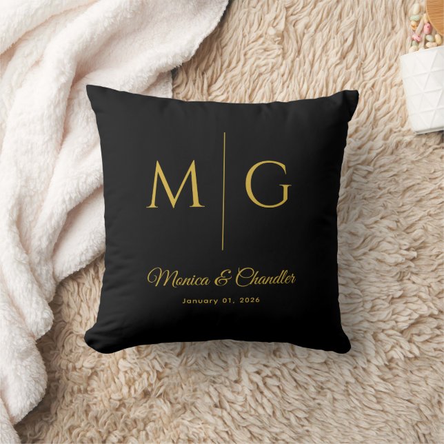 Stylish Monogram With Couple Name Black Cushion (Blanket)