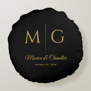 Stylish Monogram With Couple Name Black Round Cushion