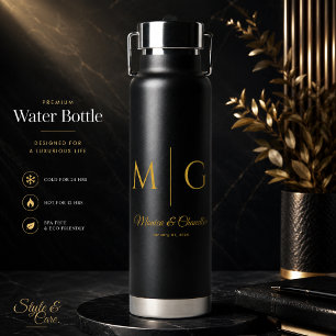 Stylish Monogram With Couple Name Black Water Bottle