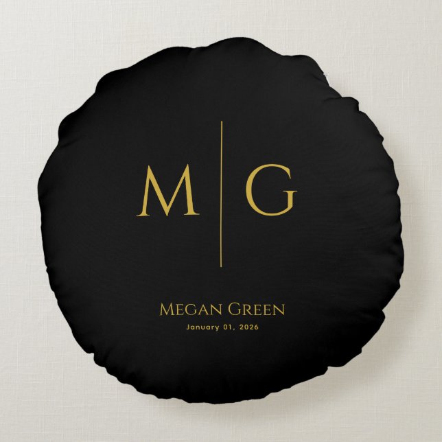 Stylish Monogram With Name Personalized Black Round Cushion (Back)