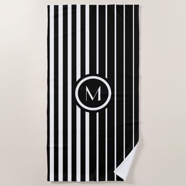 Stylish monogrammed black and white stripes beach towel (Front)