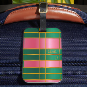 Stylish Monogrammed Bold Pink & Green, Gold Luggage Tag