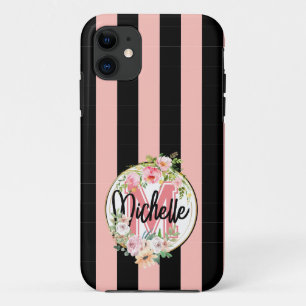 Stylish Monogrammed Flowers and black pink stripes iPhone 11 Case