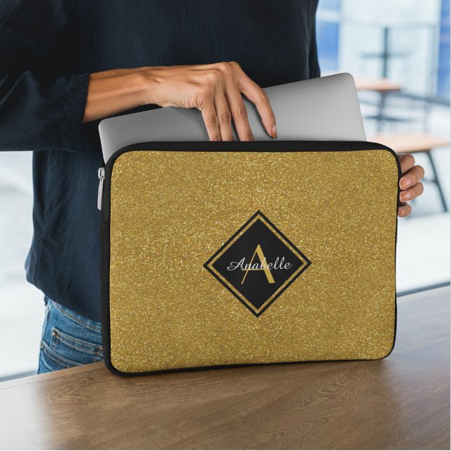 Stylish Monogrammed Gold Glitter Laptop Sleeve (Creator Uploaded)
