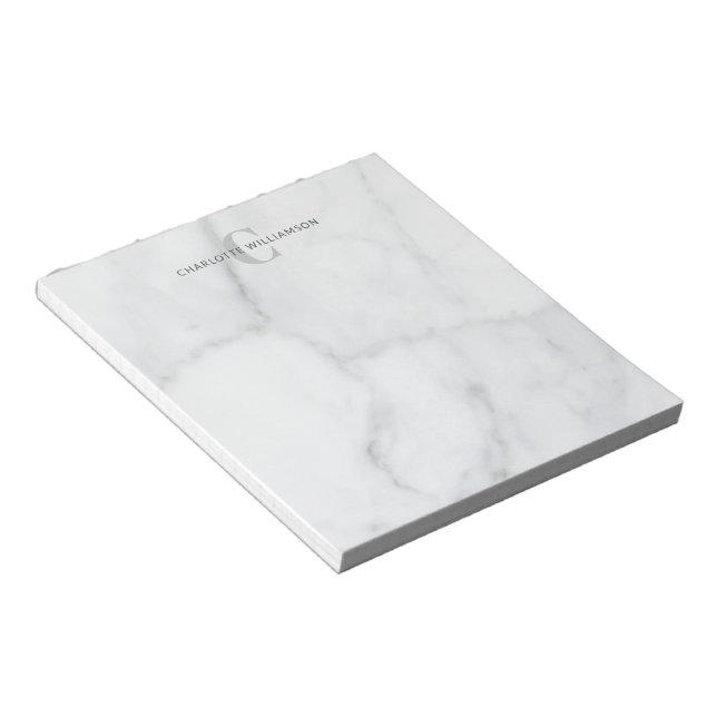Stylish Monogrammed Name in White Grey Marble  Notepad (Angled)