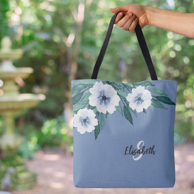 Stylish Monogrammed Name Initial Floral Dusty Blue Tote Bag (Stylish Monogrammed Name Initial Floral Dusty Blue Custom Canvas Tote Bag)