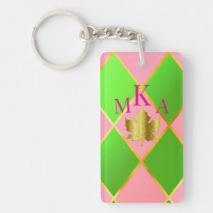 Stylish Monogrammed Pink and Green Argyle Key Ring