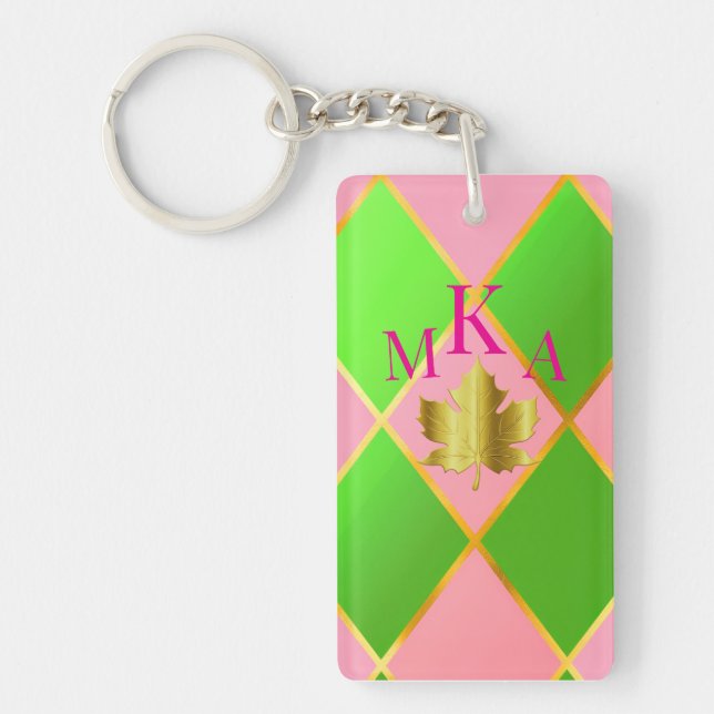 Stylish Monogrammed Pink and Green Argyle  Key Ring (Front)