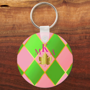 Stylish Monogrammed Pink and Green Argyle Key Ring