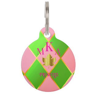 Stylish Monogrammed Pink and Green Argyle Pet Tag
