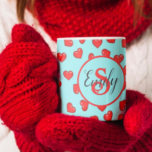 stylish monogrammed Red heart pattern on blue Coffee Mug (Creator Uploaded)