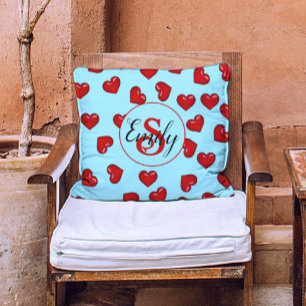 stylish monogrammed Red heart pattern on blue teal Cushion
