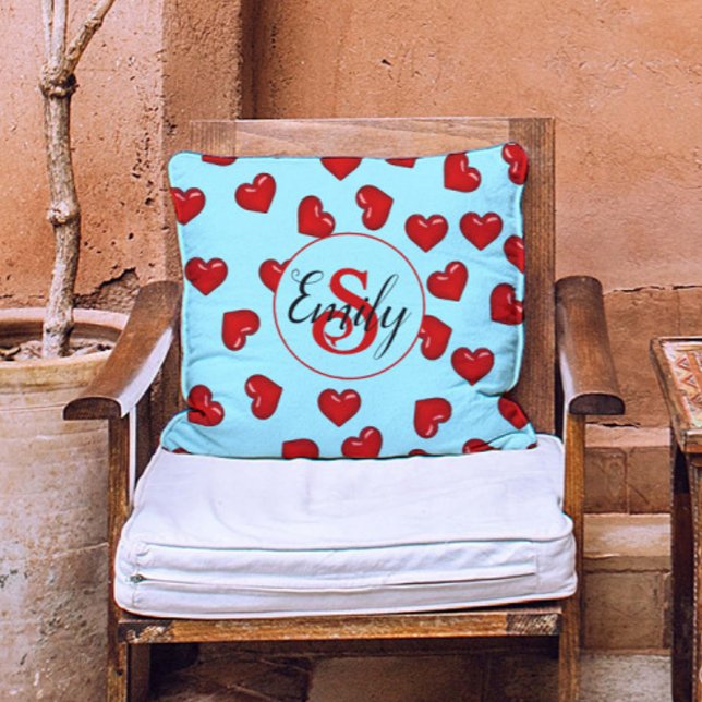 stylish monogrammed Red heart pattern on blue teal Cushion (Creator Uploaded)