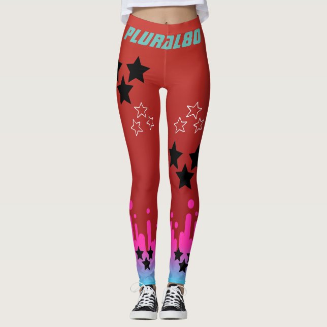 Stylish monogrammed red pink blue gradient workout leggings (Front)