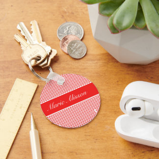 Stylish monogrammed Red Polka dots pattern white Key Ring