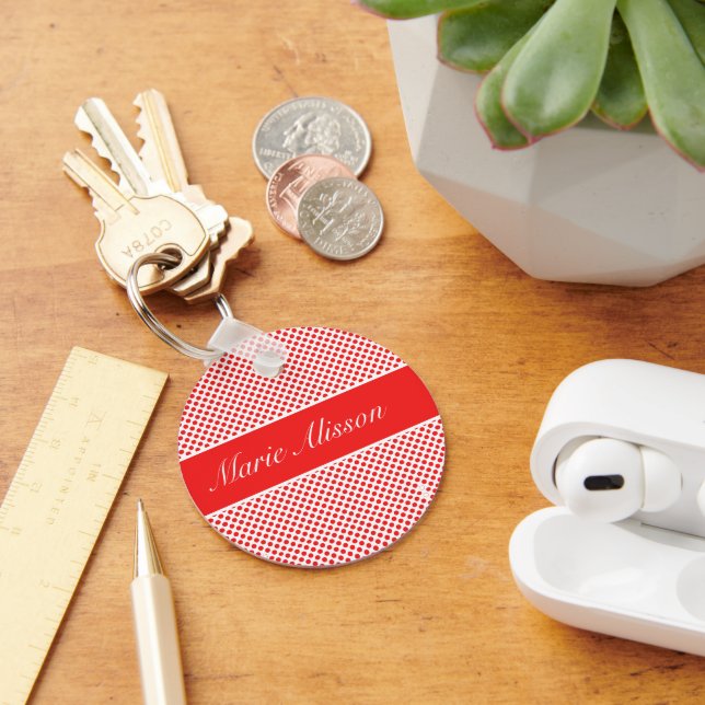 Stylish monogrammed Red Polka dots pattern white Key Ring (Desk)