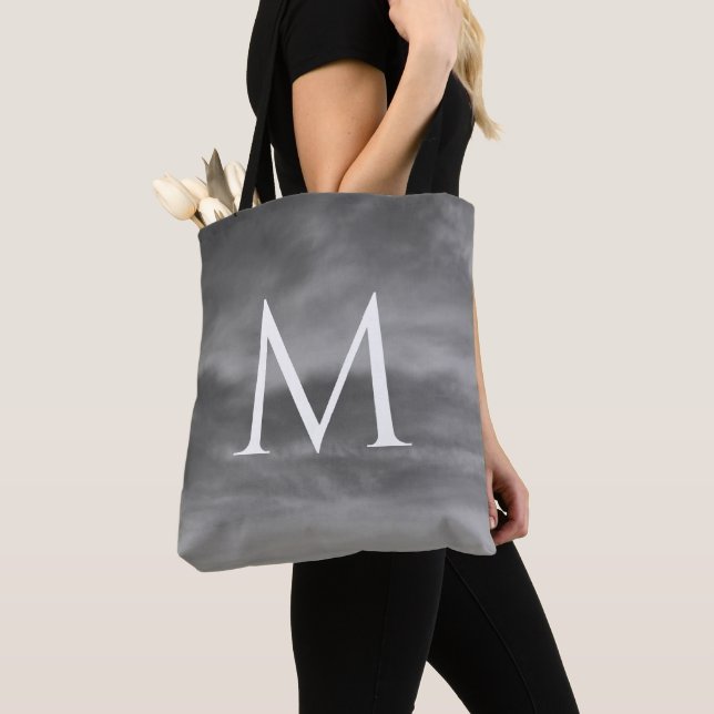 Stylish Monograms Black White Grey Clouds Patterns Tote Bag (Close Up)