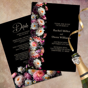 Stylish Moody Floral Black All In One Wedding Invitation