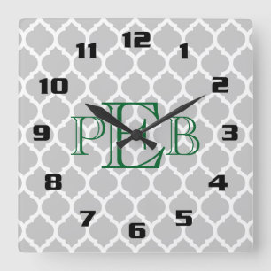 Stylish Moroccan Quatrefoil Pattern Monogram Square Wall Clock