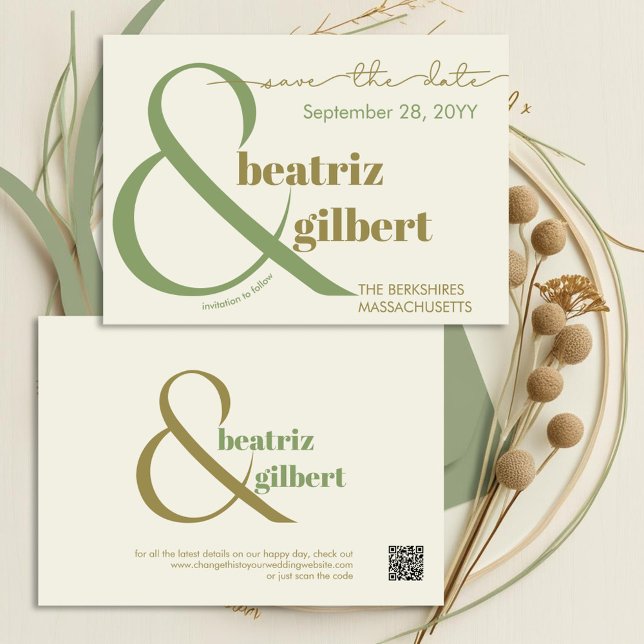 Stylish Moss and Olive Green Modern Wedding Save The Date (Modern elegance for your save the date with beautiful typography in shades of green and cream)
